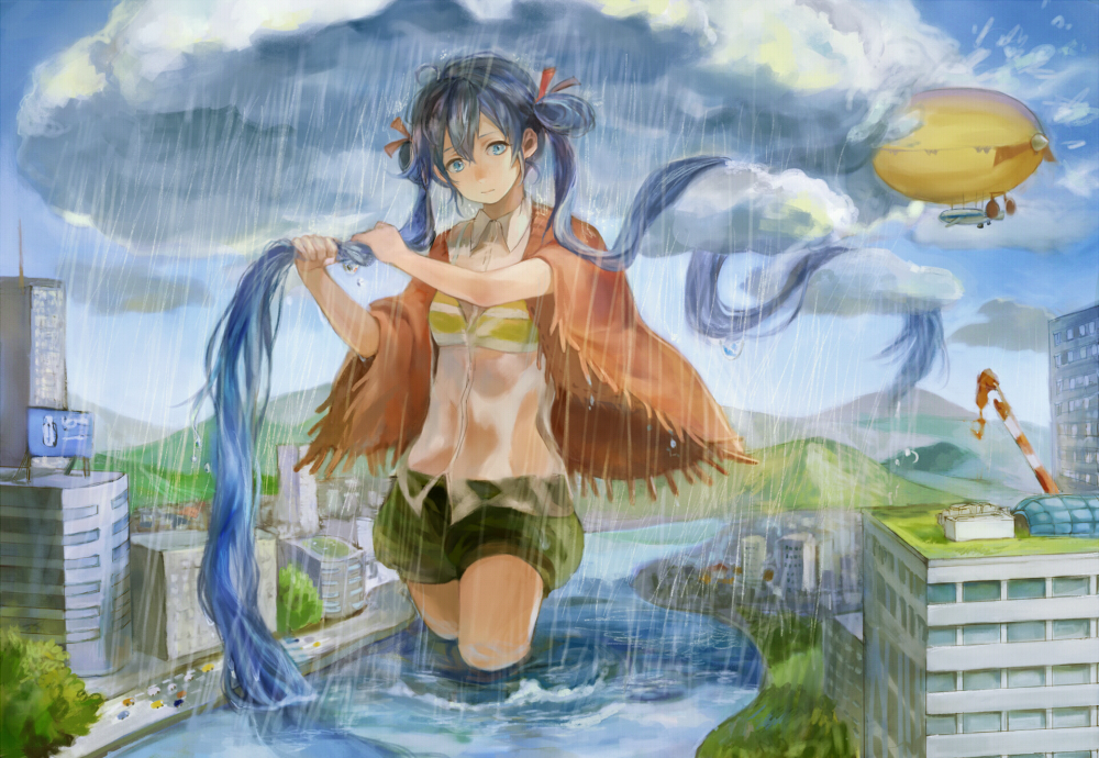 1girl, blimp, blue_hair, clouds, dirigible, giantess, hatsune_miku, long_hair