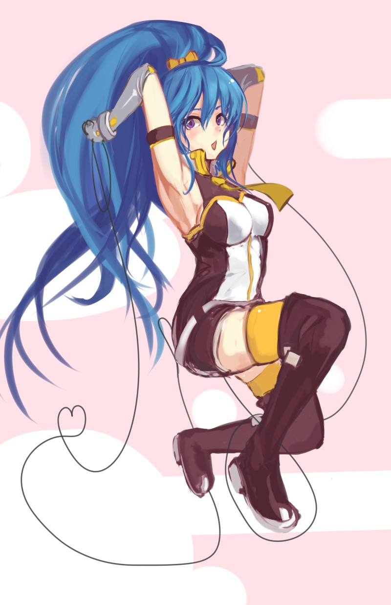 1girl, anime_revolution, armpits, arms_up, bare_shoulders, gloves, highres, long_hair