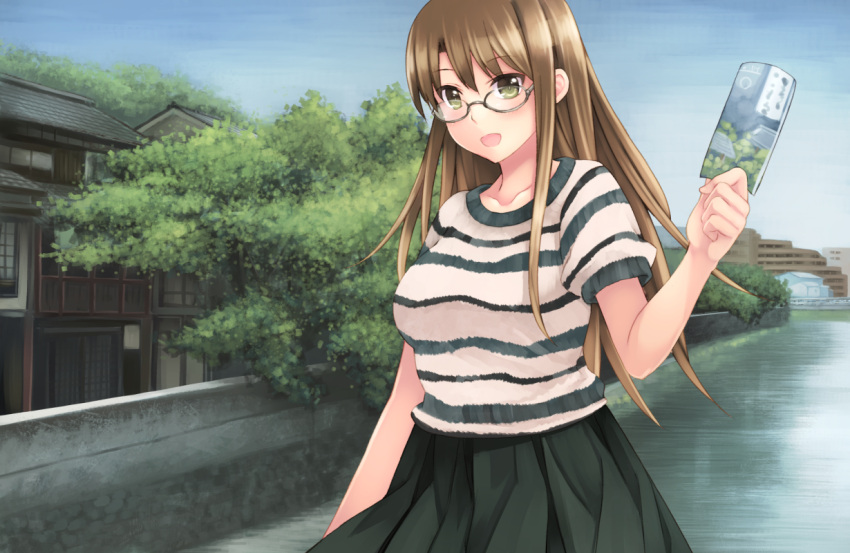 1girl, blush, breasts, brown_eyes, brown_hair, building, female, glasses