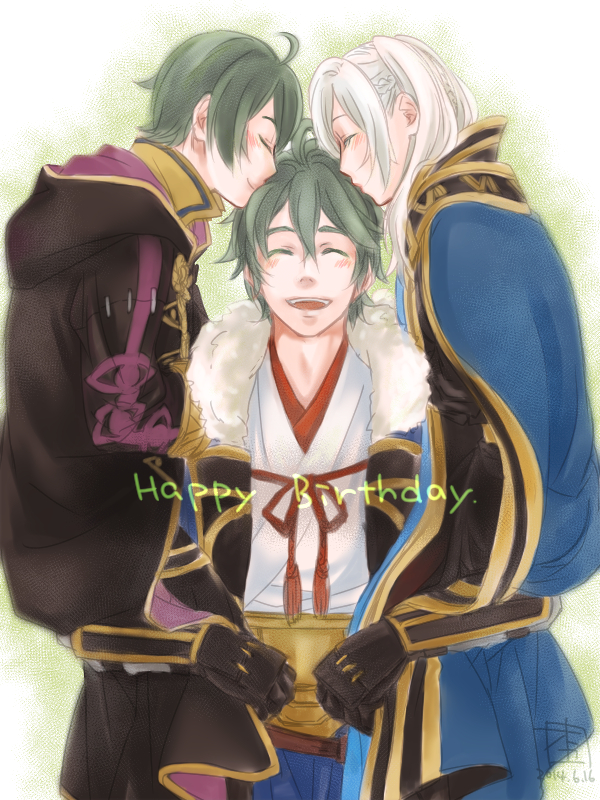 1girl, 2boys, ^_^, ahoge, carrying, closed_eyes, family, fire_emblem
