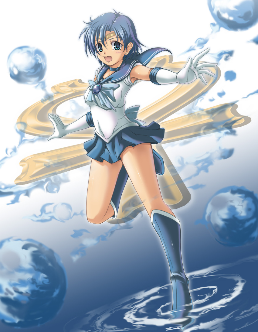 1girl, :o, bishoujo_senshi_sailor_moon, blue_eyes, blue_hair, blue_skirt, boots, brooch
