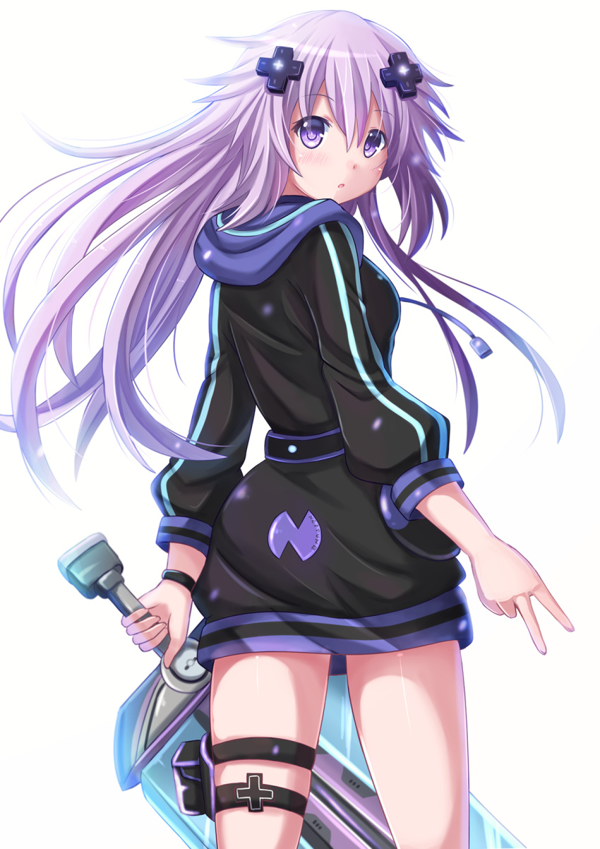 1girl, adult_neptune, blush, choujigen_game_neptune, hair_ornament, highres, kazenokaze, long_hair, looking_at_viewer, looking_back, purple_hair, solo, sword, violet_eyes, weapon