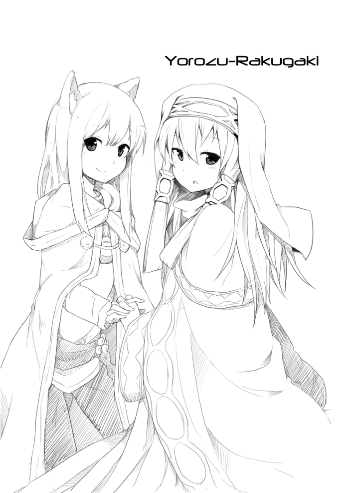 2girls, animal_ears, cloak, creator_connection, greyscale, habit, holo, hood, interlocked_fingers, long_hair, magdala_de_nemure, monochrome, multiple_girls, nun, spice_and_wolf, ul_fenesis, wk_(low-f), wolf_ears, wolf_girl
