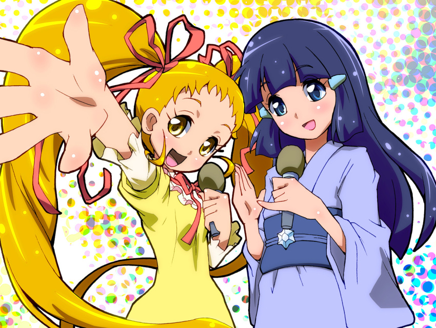 2girls, aoki_reika, blonde_hair, blue_eyes, blue_hair, hair_ornament, hair_ribbon, hairclip