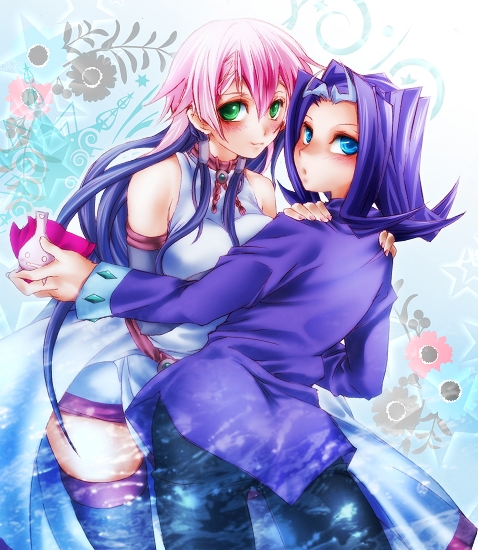 1boy, 1girl, black_hair, blue_eyes, blush, breast_press, breasts, duel_monster