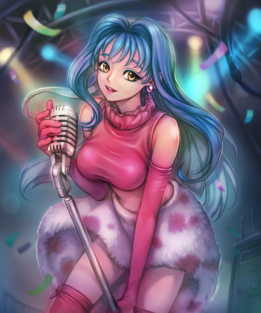 1girl, blue_hair, brown_eyes, dawkinsia, earrings, elbow_gloves, fancy_lala, fancy_lala_(character)