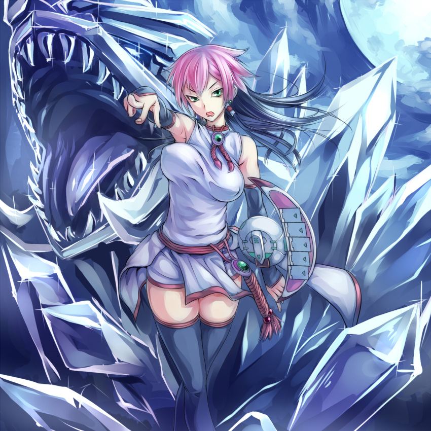 1girl, black_hair, black_legwear, bouncing_breasts, breasts, duel_disk, duel_monster, earrings