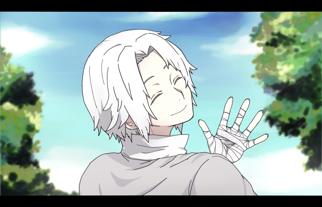 1boy, albino, back, bandages, chiyozaka, closed_eyes, fake_screenshot, kagerou_project, letterboxed, sky, smile, solo, tsukihiko_(kagerou_project), waving, white_hair
