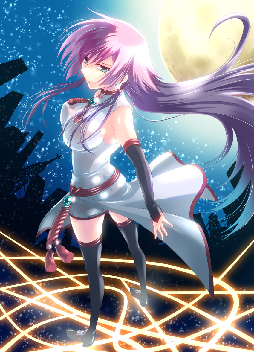 1girl, black_hair, black_legwear, breasts, earrings, full_moon, green_eyes, highres