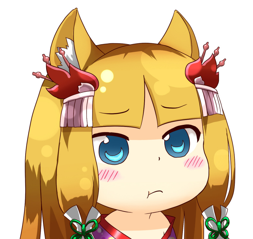 1girl, :t, animal_ears, bangs, bare_shoulders, blue_eyes, blunt_bangs, blush