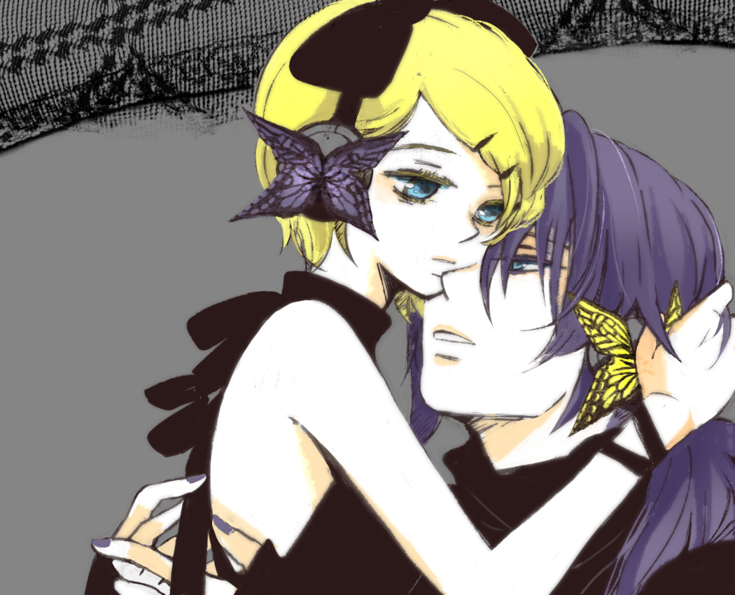 1boy, 1girl, age_difference, blonde_hair, bow, butterfly, butterfly_hair_ornament, couple, hair_ornament, headphones, hetero, hug, kagamine_rin, kamui_gakupo, magnet_(vocaloid), nia_(four_winds), purple_hair, short_hair, vocaloid