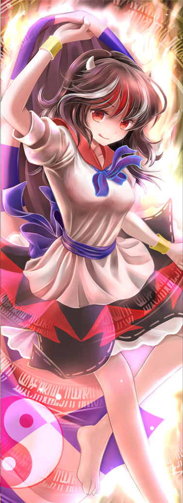 1girl, abstract_background, arm_up, barefoot, black_hair, bow, bracer, fire