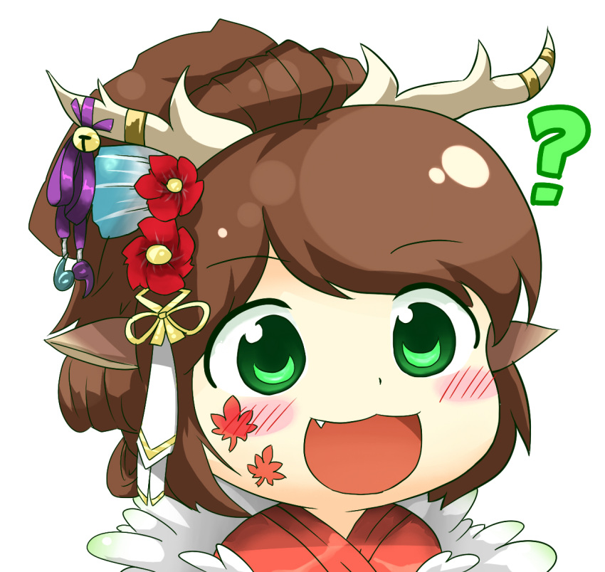 1girl, :3, ?, animal_ears, antlers, bell, blush, brown_hair