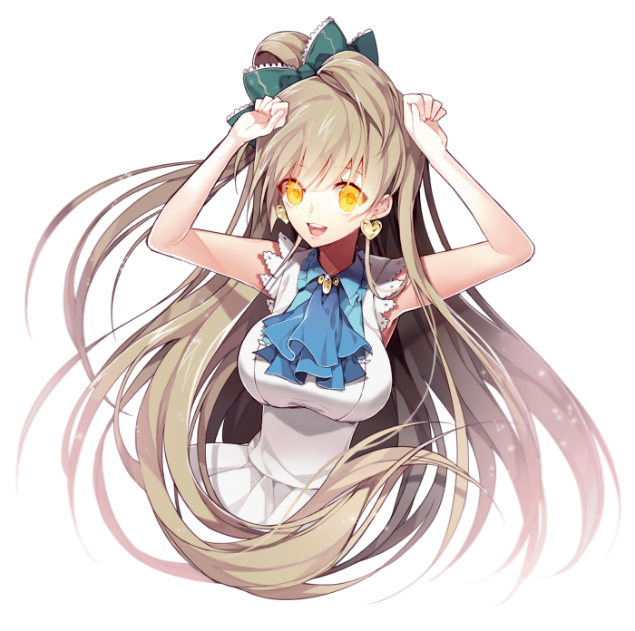 1girl, arms_up, bow, brown_hair, earrings, hair_bow, jewelry, long_hair