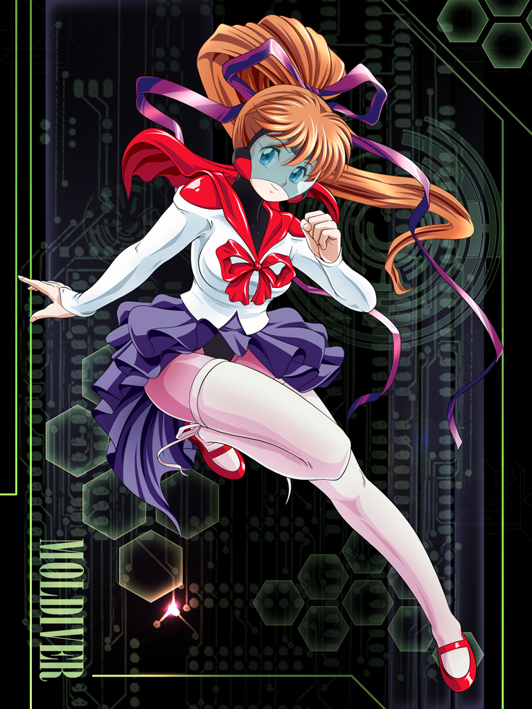 1girl, blue_eyes, brown_hair, copyright_name, long_hair, magical_girl, moldiver, oozora_mirai, pantyhose, pink_legwear, ponytail, purple_skirt, sailor_collar, shoes, skirt, smile, solo, tamanegiinyo, thigh-highs, visor