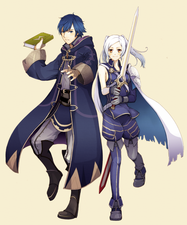1boy, 1girl, blue_eyes, blue_hair, blush, book, cape, fire_emblem, fire_emblem:_kakusei, fukune, krom, krom_(cosplay), long_hair, my_unit, my_unit_(cosplay), robe, silver_hair, smile, sword, twintails, weapon, yellow_eyes