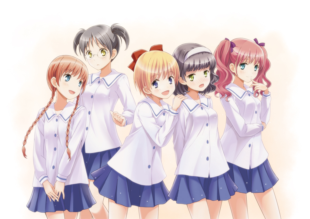 5girls, annotated, black_hair, blonde_hair, blue_eyes, blue_skirt, bow, braid, brown_hair, finger_to_mouth, glasses, green_eyes, hair_bow, hairband, hibino_hikaru, hijiri_yuka, hime-chan_no_ribbon, iizuka_ena, kamikura_ichiko, lineup, long_hair, mori_manami, multiple_girls, nonohara_himeko, pink_hair, short_hair, short_twintails, skirt, smile, standing, twin_braids, twintails