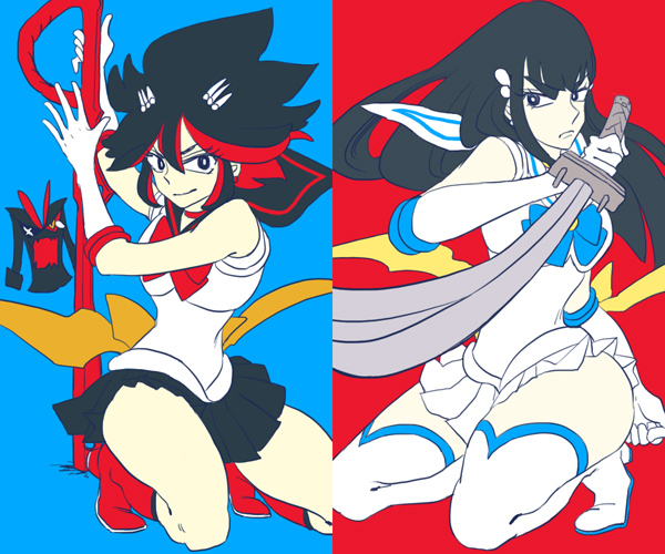 2girls, bishoujo_senshi_sailor_moon, black_hair, boots, cosplay, elbow_gloves, gloves, kill_la_kill, kiryuuin_satsuki, living_clothes, long_hair, matoi_ryuuko, matoi_ryuuko_(senketsu_kamui), multicolored_hair, multiple_girls, oto-010, redhead, sailor_senshi, scissor_blade, senketsu, short_hair, skirt, sword, thigh-highs, thigh_boots, two-tone_hair, weapon