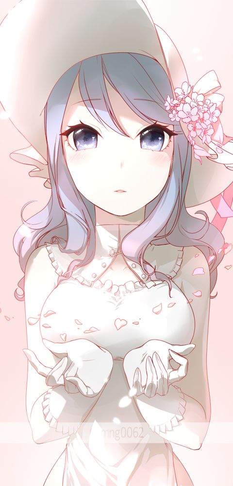 big_breasts, blue_eyes, blush, dress, fairy_tail, flower, grey_hair, hat