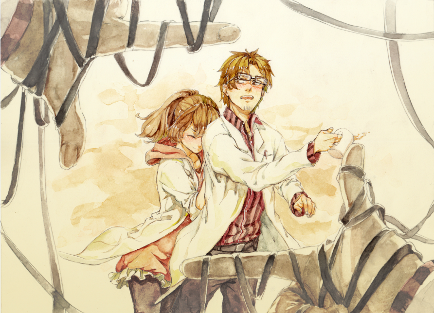 blush, cup, facial_hair, finger_frame, glasses, husband_and_wife, kagerou_project, konohaw