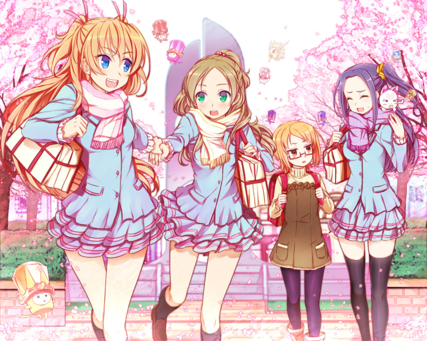 4girls, arm_grab, backpack, bag, blonde_hair, blush, dodory, dory, fairy_tone, fary, glasses, houjou_hibiki, hummy_(suite_precure), kurokawa_eren, lary, leggings, long_hair, minamino_kanade, minatsuki_randoseru, miry, multiple_girls, noise_(suite_precure), p-chan_(suite_precure), pantyhose, precure, putting, randoseru, rery, revision, running, seiren_(suite_precure), shirabe_ako, skirt, smile, sory, suite_precure, thigh-highs, tiry, twintails, zettai_ryouiki