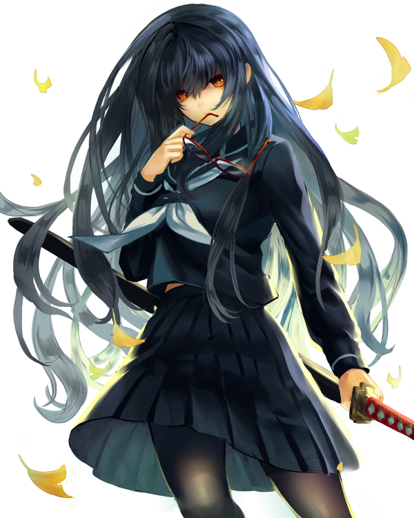 1girl, black_hair, black_legwear, bun-o, glasses, glasses_removed, long_hair, looking_at_viewer