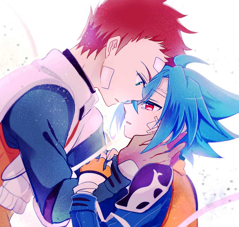 2boys, blue_hair, fingerless_gloves, future_card_buddyfight, gloves, green_eyes, male, multiple_boys