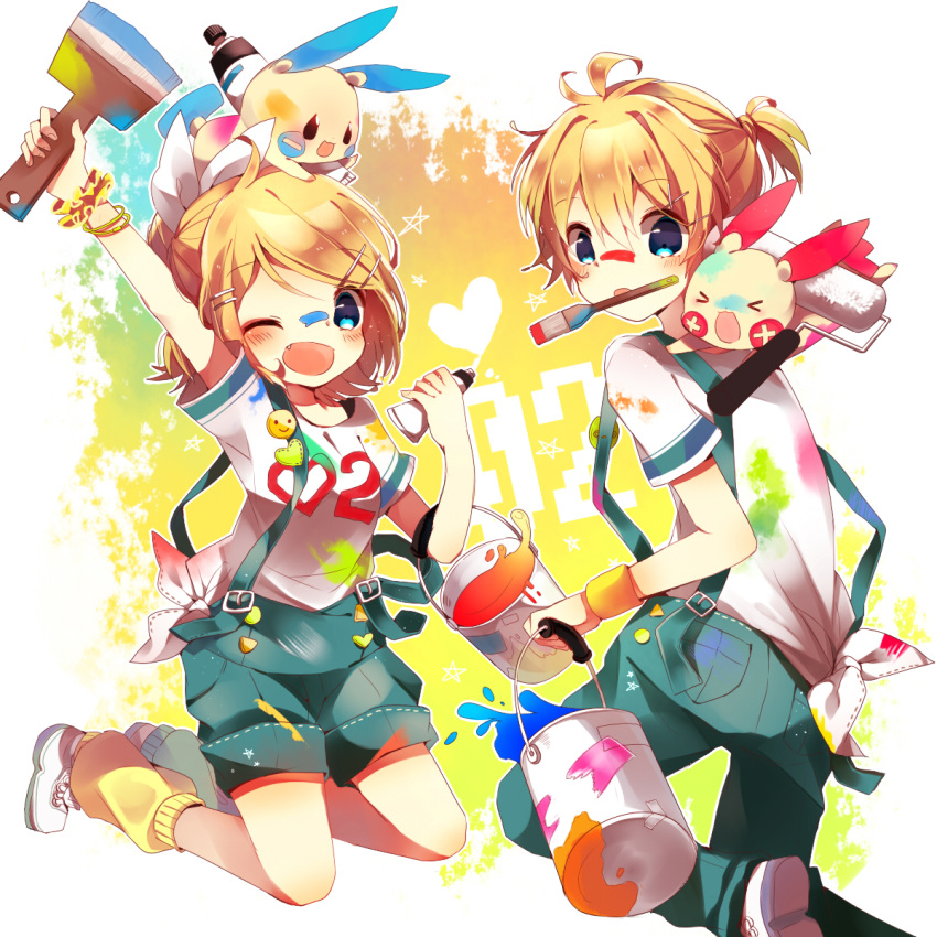 >_<, 1boy, 1girl, ;d, bad_id, bad_pixiv_id, blonde_hair, blue_eyes