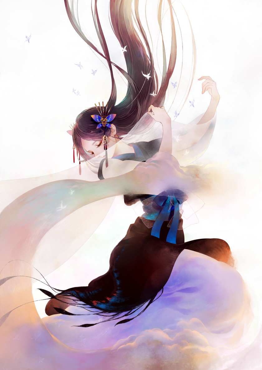 1girl, black_hair, butterfly, butterfly_hair_ornament, clouds, eyelashes, hair_ornament, japanese_clothes, kimono, long_hair, obi, original, sash, shiroyayoi