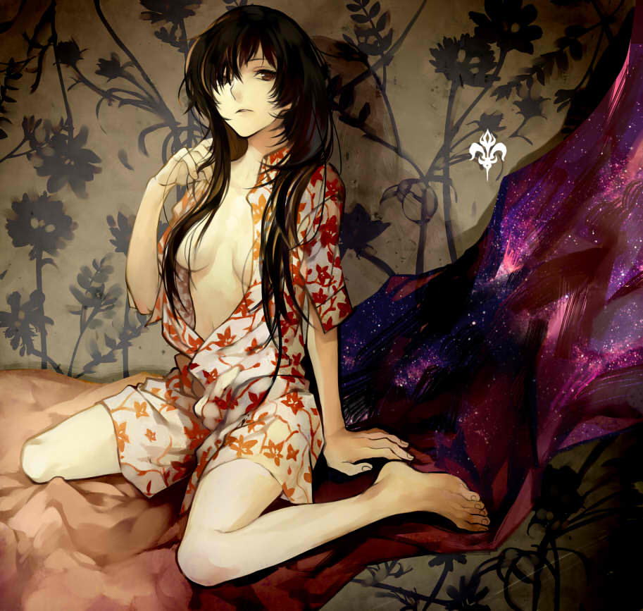 1girl, breasts, brown_eyes, brown_hair, cleavage, long_hair, lor968, original, sideboob, sitting, solo, unbuttoned