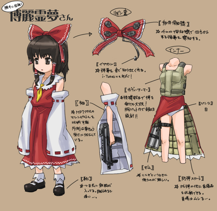 bulletproof_vest, character_sheet, detached_sleeves, diagram, gun, h&amp;k_mp7, hakurei_reimu, japanese_clothes