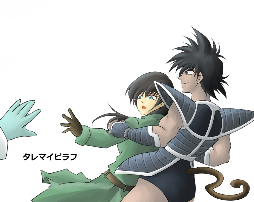 1boy, 1girl, armor, black_hair, blue_eyes, character_request, dragon_ball, dragon_ball_z