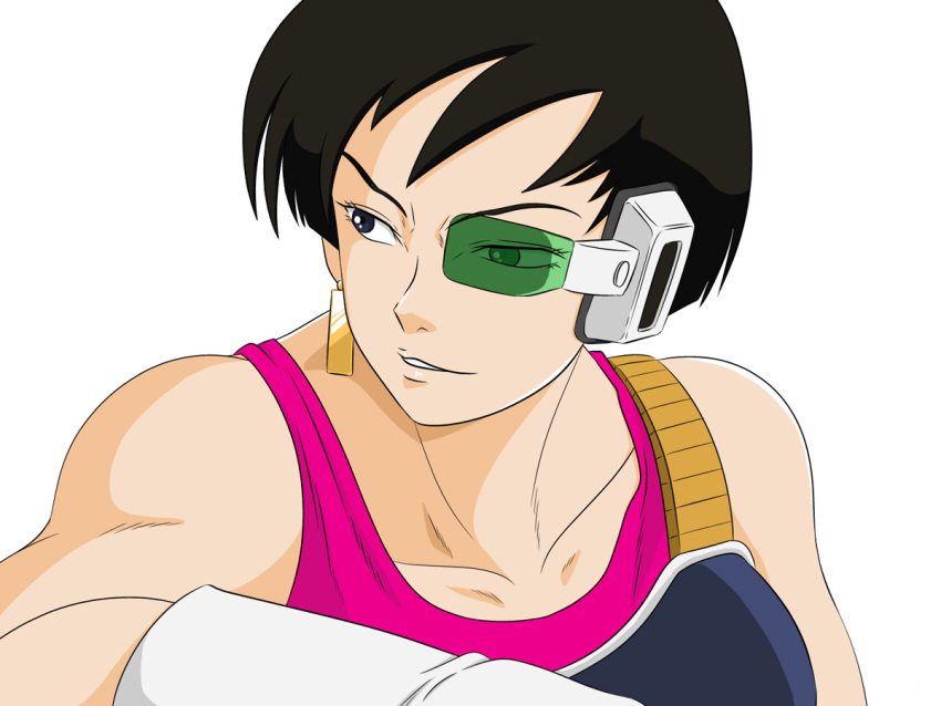 1girl, bare_shoulders, black_hair, blue_eyes, breastplate, breasts, bust, collarbone, dai_gyaku_ten, dragon_ball, dragon_ball_z, earrings, gloves, jewelry, scouter, seripa, short_hair, solo, white_gloves