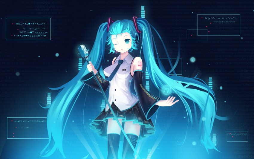 1girl, aqua_eyes, aqua_hair, detached_sleeves, hatsune_miku, headset, long_hair, microphone