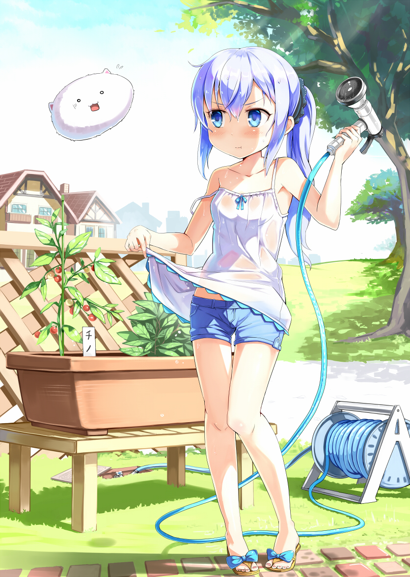1girl, :t, barefoot_sandals, blue_eyes, blush, chemise, emerane, gochuumon_wa_usagi_desuka?, hair_ornament, hairclip, hose, hose_nozzle, kafuu_chino, long_hair, plant, ponytail, potted_plant, sandals, shorts, silver_hair, strap_slip, tippy_(gochuumon_wa_usagi_desuka?), wet