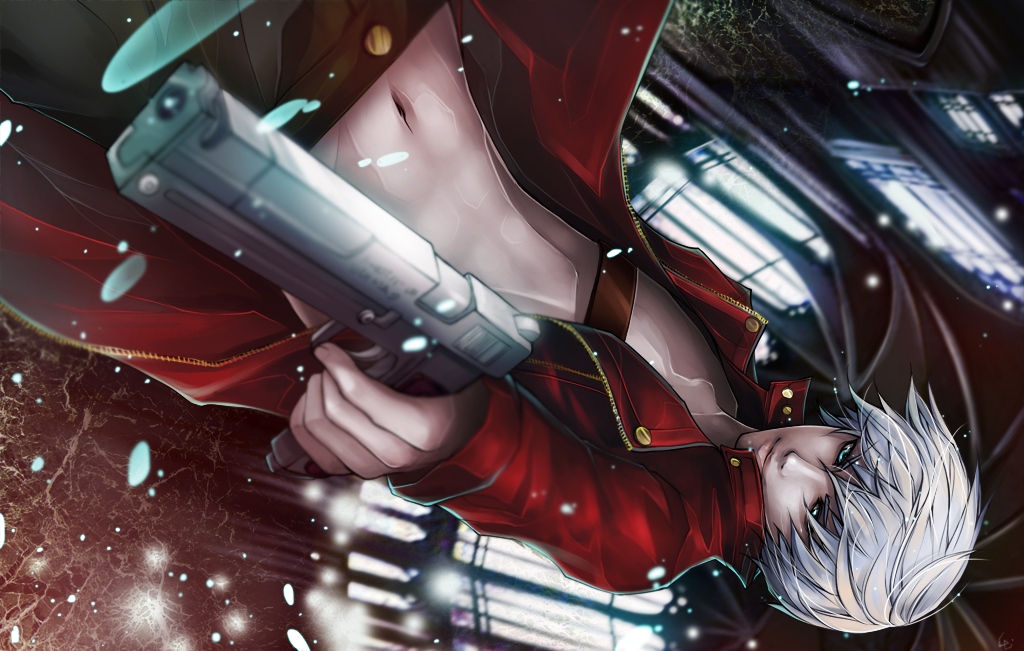1boy, aiming, blue_eyes, broken_glass, dante, dante_(devil_may_cry), devil_may_cry, devil_may_cry_(series), glass, gun, handgun, short_hair, solo, unodu, upside-down, wallpaper, weapon, white_hair