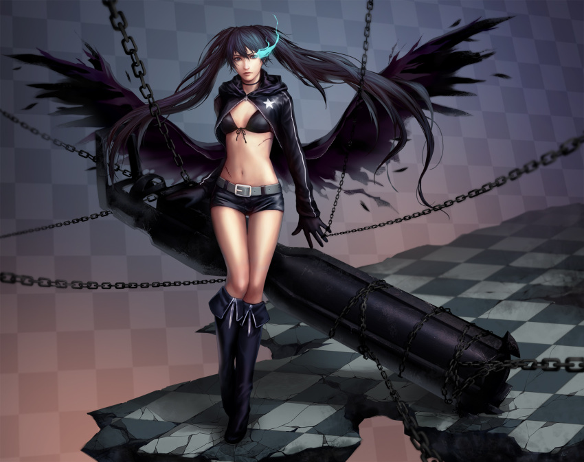 1girl, bikini_top, black_gloves, black_hair, black_rock_shooter, black_rock_shooter_(character), blue_eyes, boots