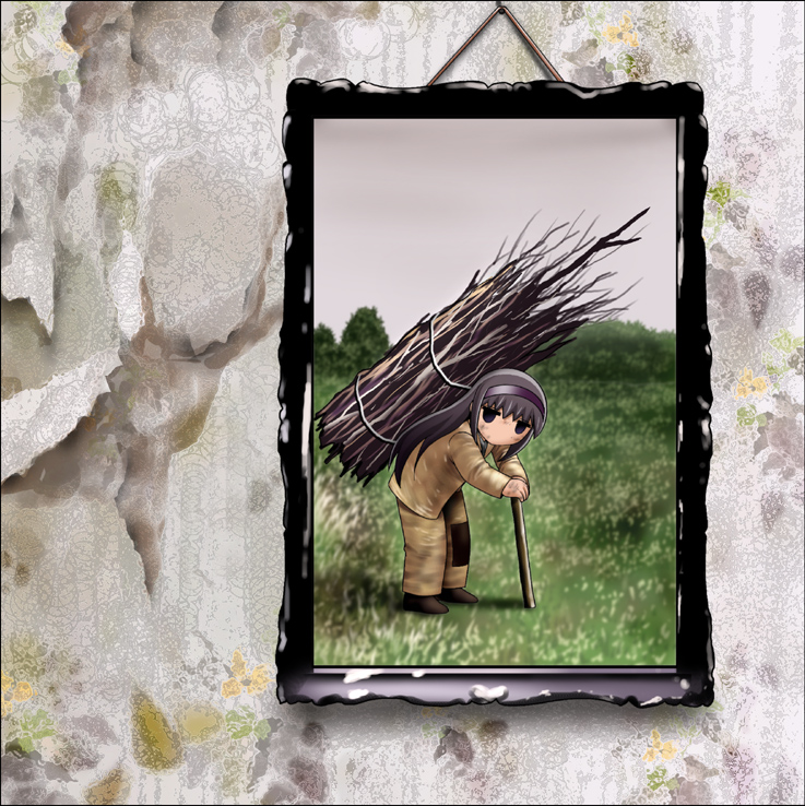 1girl, akemi_homura, album_cover, black_hair, cover, drawing, frame, hairband, led_zeppelin, led_zepplin_iv_(album), long_hair, mahou_shoujo_madoka_magica, no_mouth, parody, shingyouji_tatsuya, solid_circle_eyes, solo