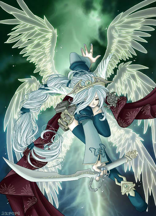 angel, angel_wings, aurore, bent_over, boots, closed_eyes, crown, flying, knee_boots, long_hair, sword, weapon, white_hair, wings