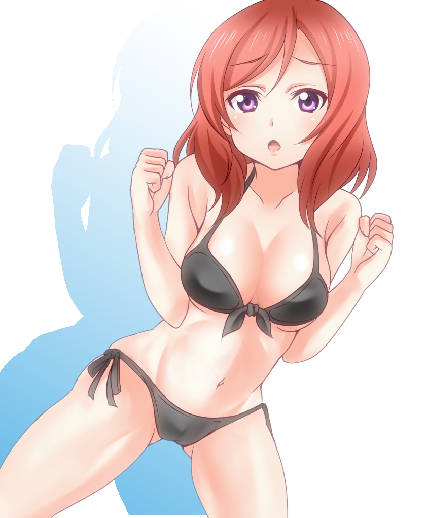 1girl, bikini, black_bikini, blush, breasts, cleavage, jumon, looking_at_viewer, love_live!_school_idol_project, navel, nishikino_maki, open_mouth, redhead, short_hair, solo, swimsuit, violet_eyes