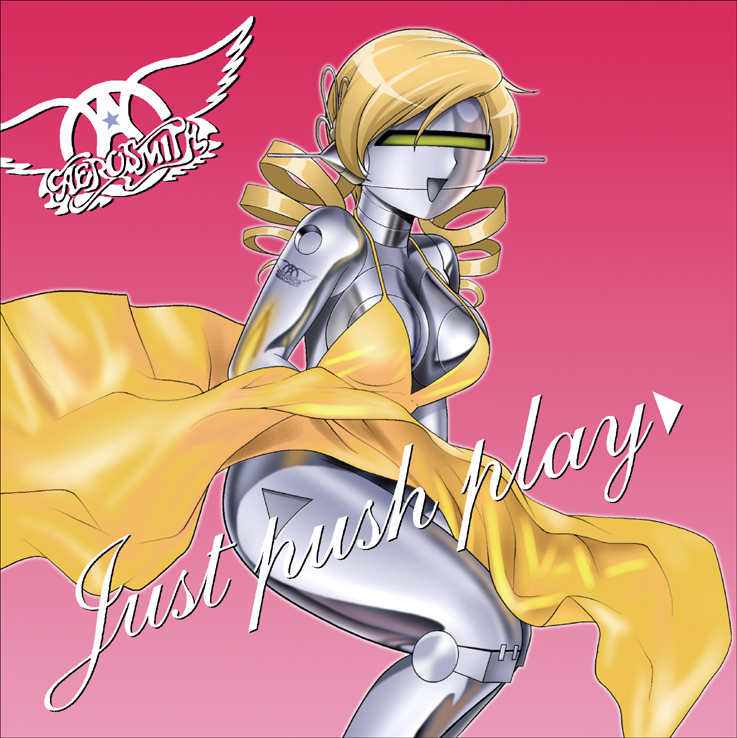 1girl, aerosmith, android, blonde_hair, breasts, dress, dress_lift, drill_hair, english, gradient, gradient_background, just_push_play, large_breasts, mahou_shoujo_madoka_magica, open_mouth, parody, pink_background, shingyouji_tatsuya, solo, tomoe_mami, twin_drills, twintails, yellow_dress