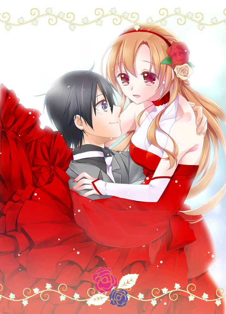 1boy, 1girl, an_natsuki, asuna_(sao), black_eyes, black_hair, brown_hair, carrying