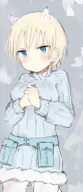 blonde_hair, blue_background, blush, breast_lift, breast_press, ermine_ears, ermine_tail, frown