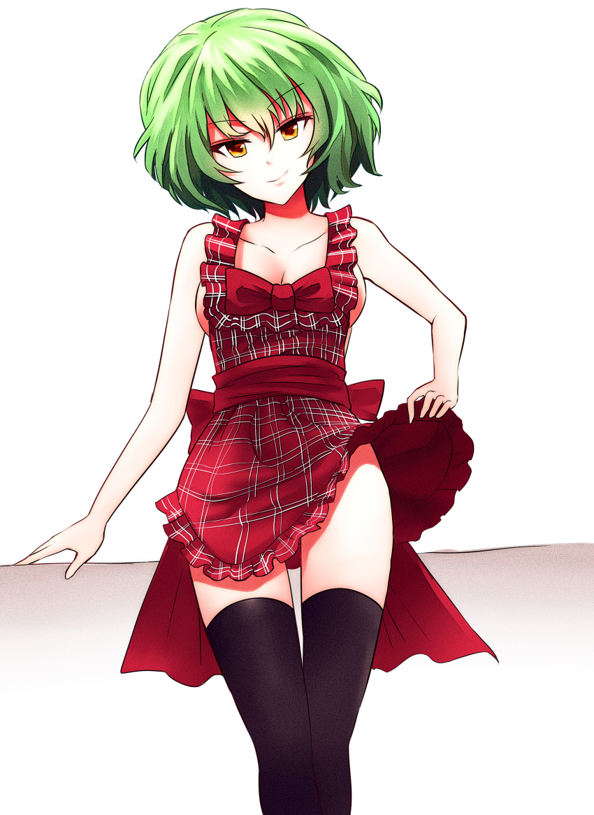 1girl, absurdres, alternate_costume, apron, apron_lift, bare_arms, bare_shoulders, black_legwear