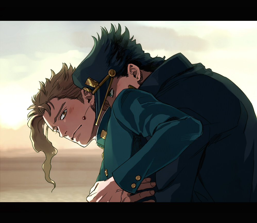 2boys, black_hair, blush, brown_eyes, brown_hair, earrings, gakuran, hat