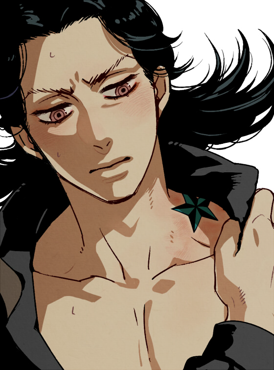 1boy, black_hair, blush, joestar_birthmark, jojo_no_kimyou_na_bouken, obusare, red_eyes, solo