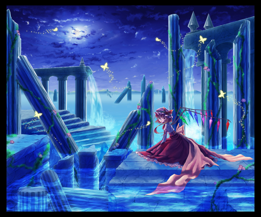 1girl, alternate_costume, arm_support, ascot, asymmetrical_hair, black_border, blonde_hair, bodice, butterfly, clouds, commentary_request, flandre_scarlet, flower, full_moon, hat, hat_flower, hat_ribbon, highres, juliet_sleeves, leaning_forward, long_sleeves, looking_at_viewer, mob_cap, moon, moss, mountain, night, night_sky, open_mouth, puffy_sleeves, purple_rose, red_eyes, red_rose, ribbon, rose, ruins, short_hair, side_ponytail, sitting, skirt, sky, solo, tokihisa_(zikokune), touhou, water, wings