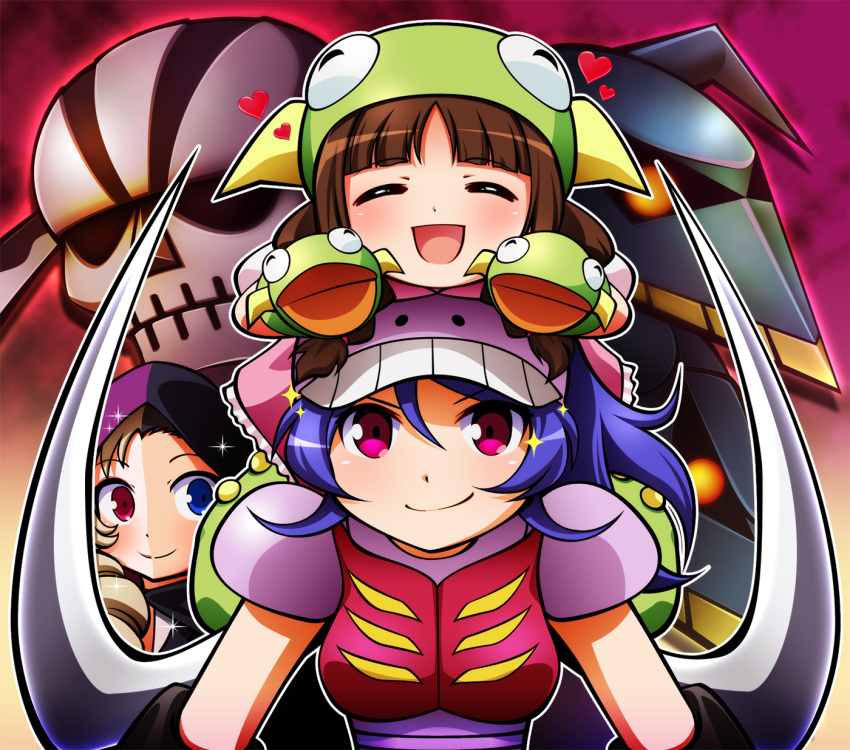 3girls, :d, ^_^, baron_ashura, black_hair, blade, blonde_hair, blue_eyes
