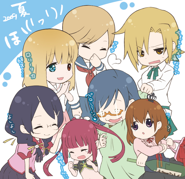 :3, ahoge, aoi_hana, bakemonogatari, blonde_hair, blue_hair, bottle, braid