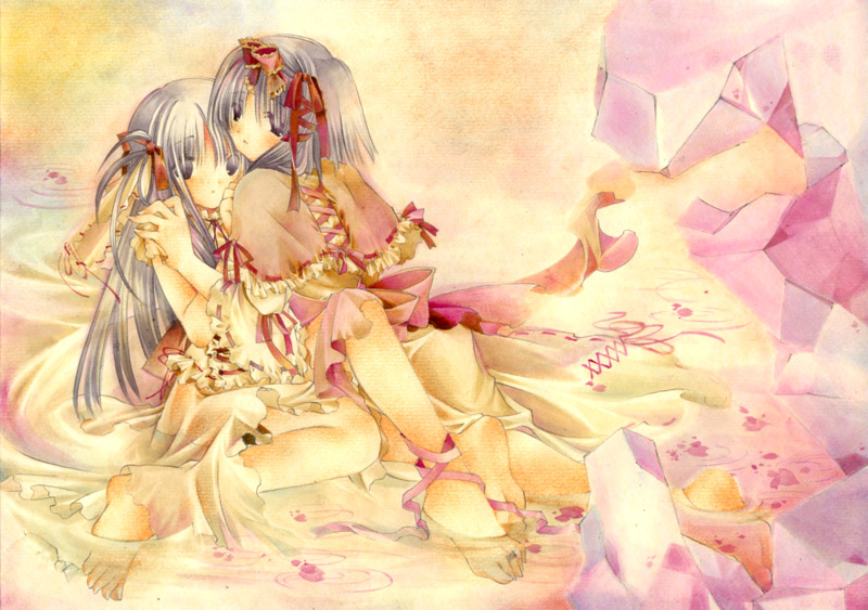 2girls, long_hair, mokuzu_umino, multiple_girls, official_art, purple_hair, satougashi_no_dangan_wa_uchinukenai, short_hair, yamada_nagisa